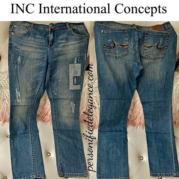 INC International Concepts Blue Medium Wash Patchwork Skinny Jeans Size 16 - Picture 8 of 8